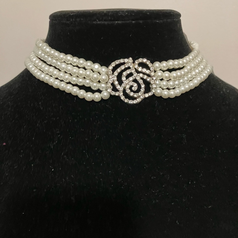 Pearl Multi-Strand Choker Necklace with Rhinestone Flower Clasp